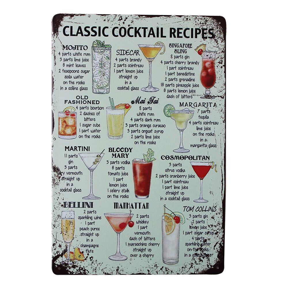 Tin Sign Classic Cocktail Recipes 200x300mm Metal Retro Plaque Bar Man Cave