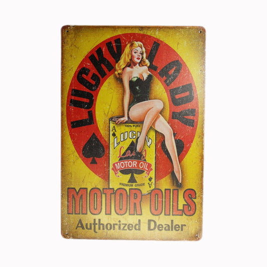 Tin Sign Lucky Lady Motor Oils Sprint Drink Bar Whisky Rustic Look