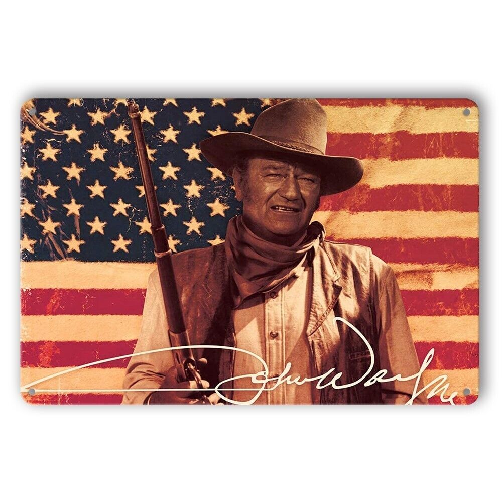 Tin Sign John Wayne Wave Us Flag Cowboy With Gun Rustic Look Decorative