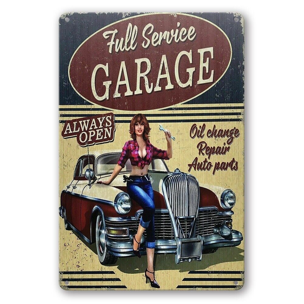 Tin Sign Garage Full Service Open Oil Change Auto Rustic Look Decorative