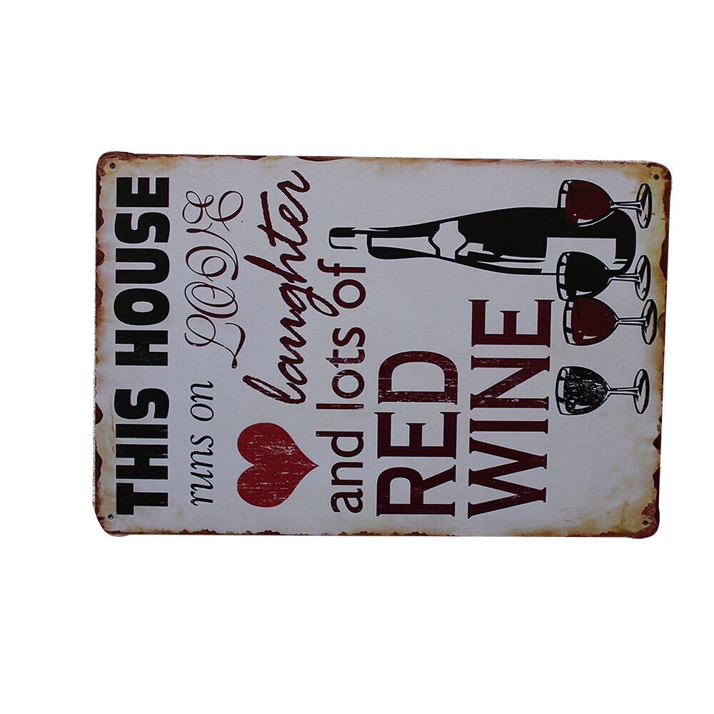 1x Metal Tin Sign This House Runs On Love Red Wine 200x300mm Cute Cheap Home Offi