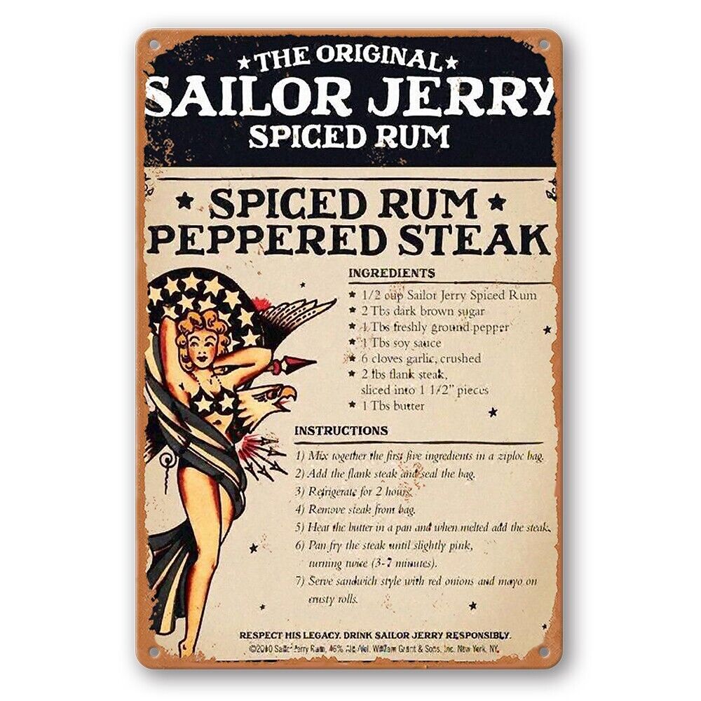 Tin Sign Sailor Jerry Spiced Rum Peppered Steak Rustic Look Decorative