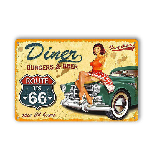 Route Us 66 Tin Sign Rustic Diner Beer Burgers Vintage Garage Man Cave