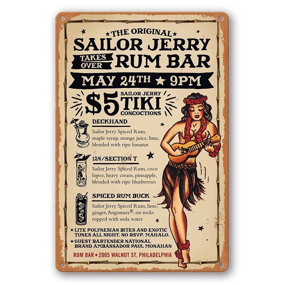 Tin Sign Sailor Jerry Rum Bar Tiki Concoctions Rustic Look Decorative