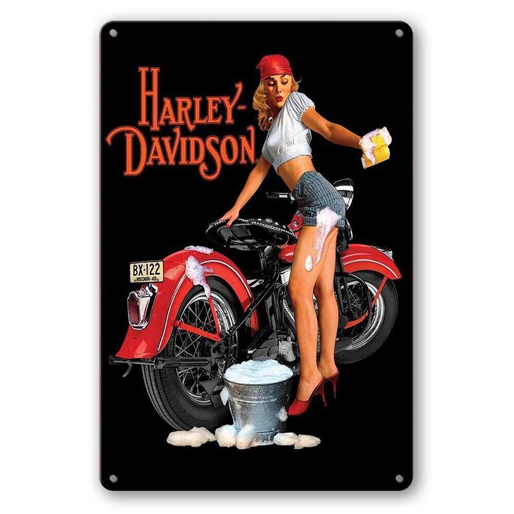 Tin Sign Harley Davidson Washing Girl Women Motorbike Metal Rustic Look Man Cave