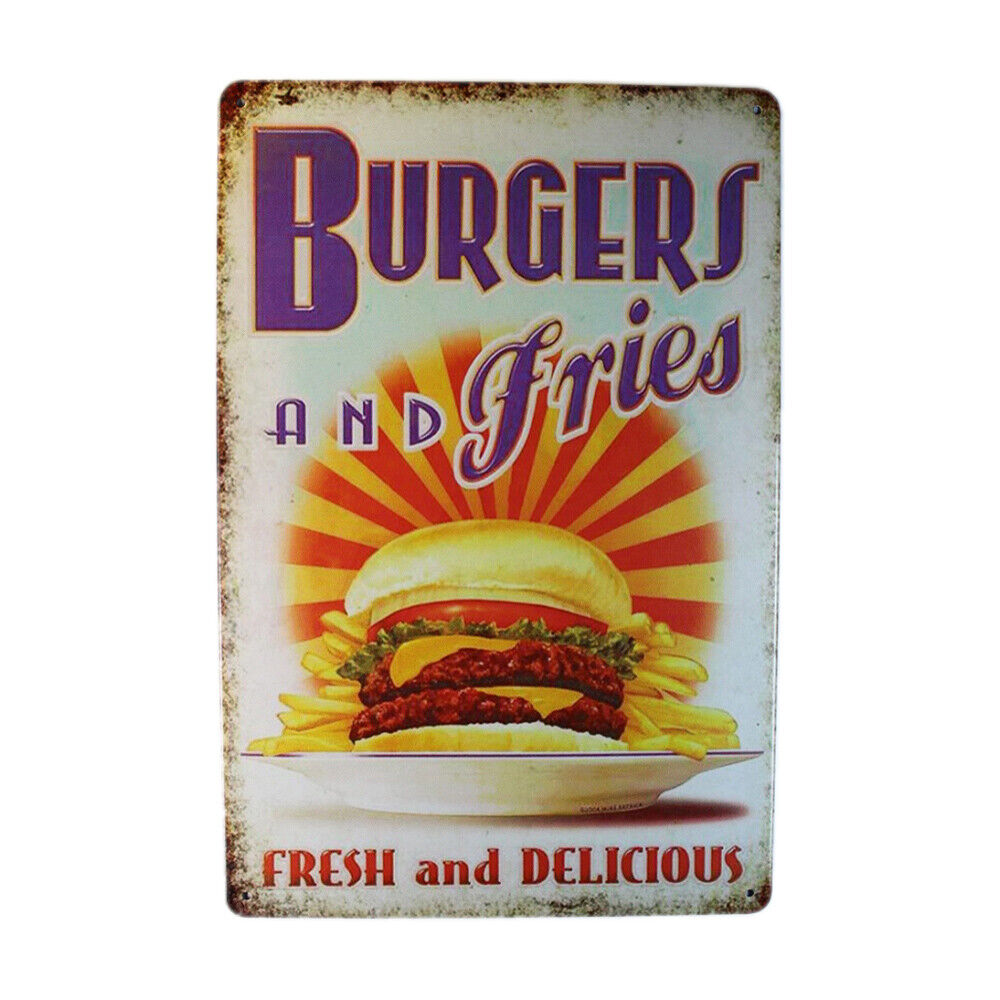 Tin Sign  Burgers Fresh Delicious  Sprint Drink Bar Whisky Rustic Look