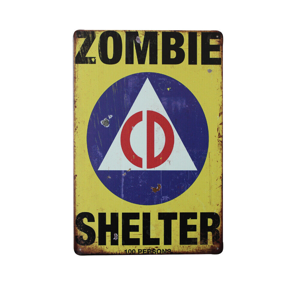 Tin Sign Zombie Shelter Sign Yellow