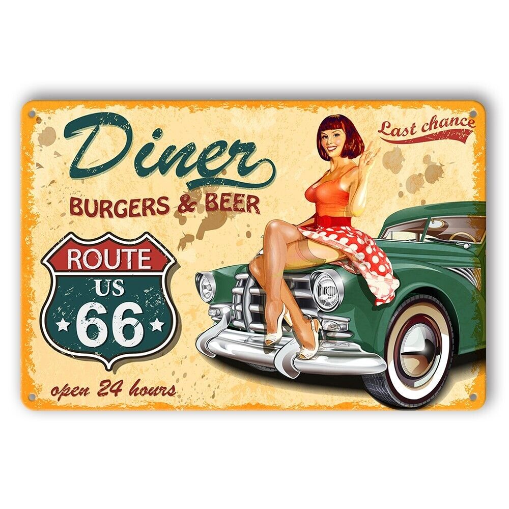 Tin Sign Route 66 Diner Burgers Beer Last Change Working Girl Rustic