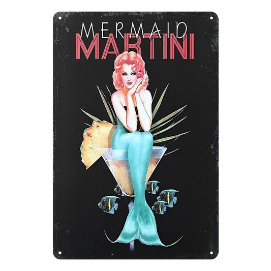Tin Metal Sign Mermaid Martini Drink Cocktails 20x30cm Rustic Vintage