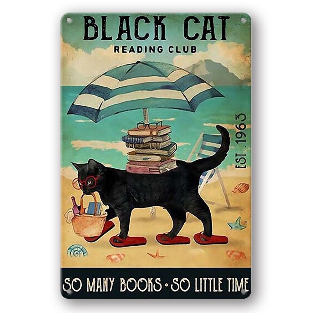 Tin Sign Black Cat Reading Club Many Books Little Time Metal Plate Rustic Decora