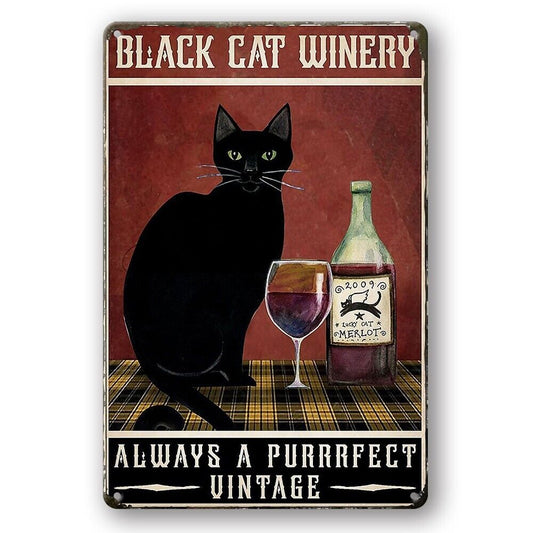 Tin Sign Black Cat Winery Always A Purrrfect Vintage Rustic Decorative Vintage