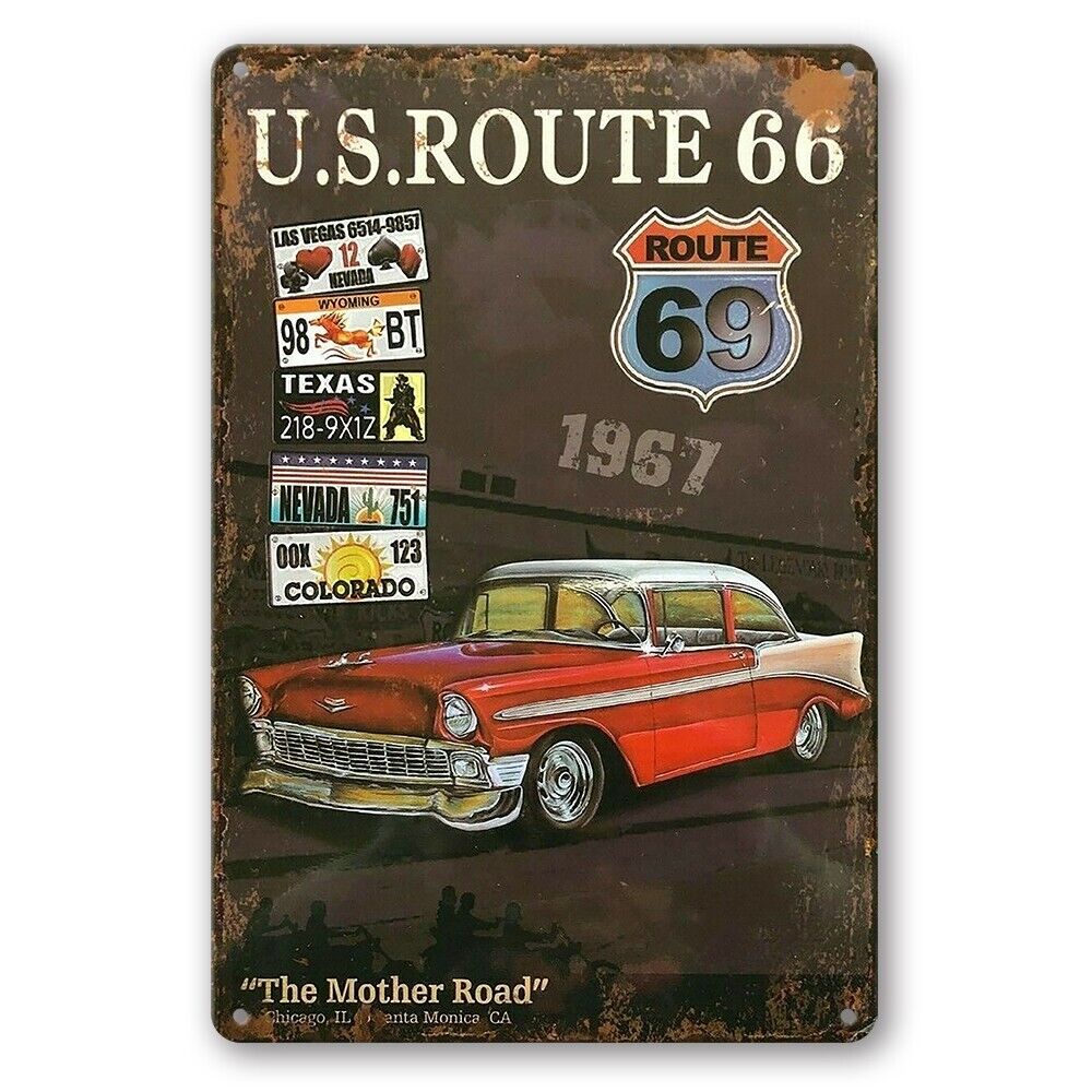 Tin Sign Route 66 1967 Mother Road Red Car Metal Plate Tin Sign Rustic Look