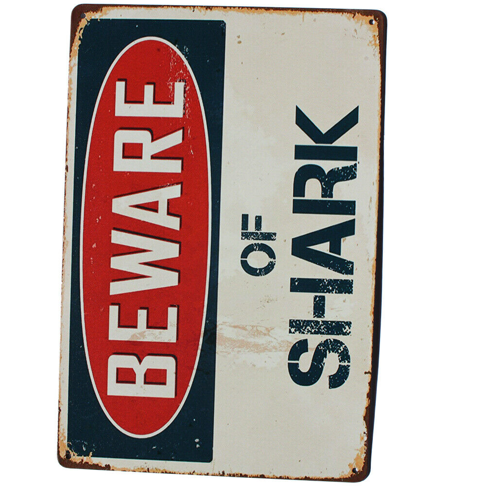 Tin Sign Be Ware Of Shark Bar Cafe Garage Wall Decor Art Metal 300x200mm Water