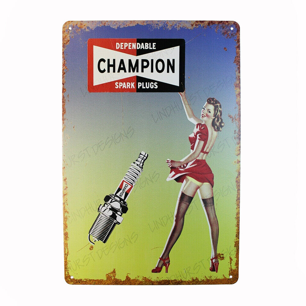 Tin Sign Champion Spark Plugs Sprint Drink Bar Whisky Rustic Look