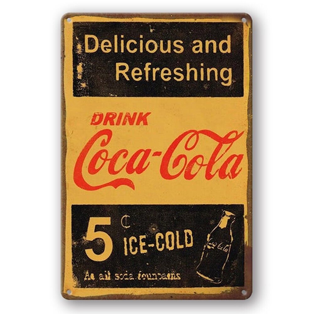 Tin Sign Coca Cola Delicious Refreshing Ice-cold Rustic Decorative Vintage