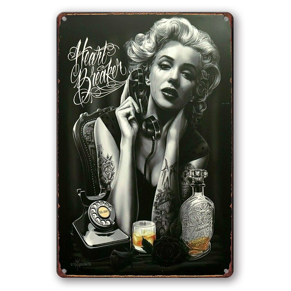 Tin Sign Heart Breaker Sexy Marilyn Monroe Alcohol Crying Woman Phone Rustic L