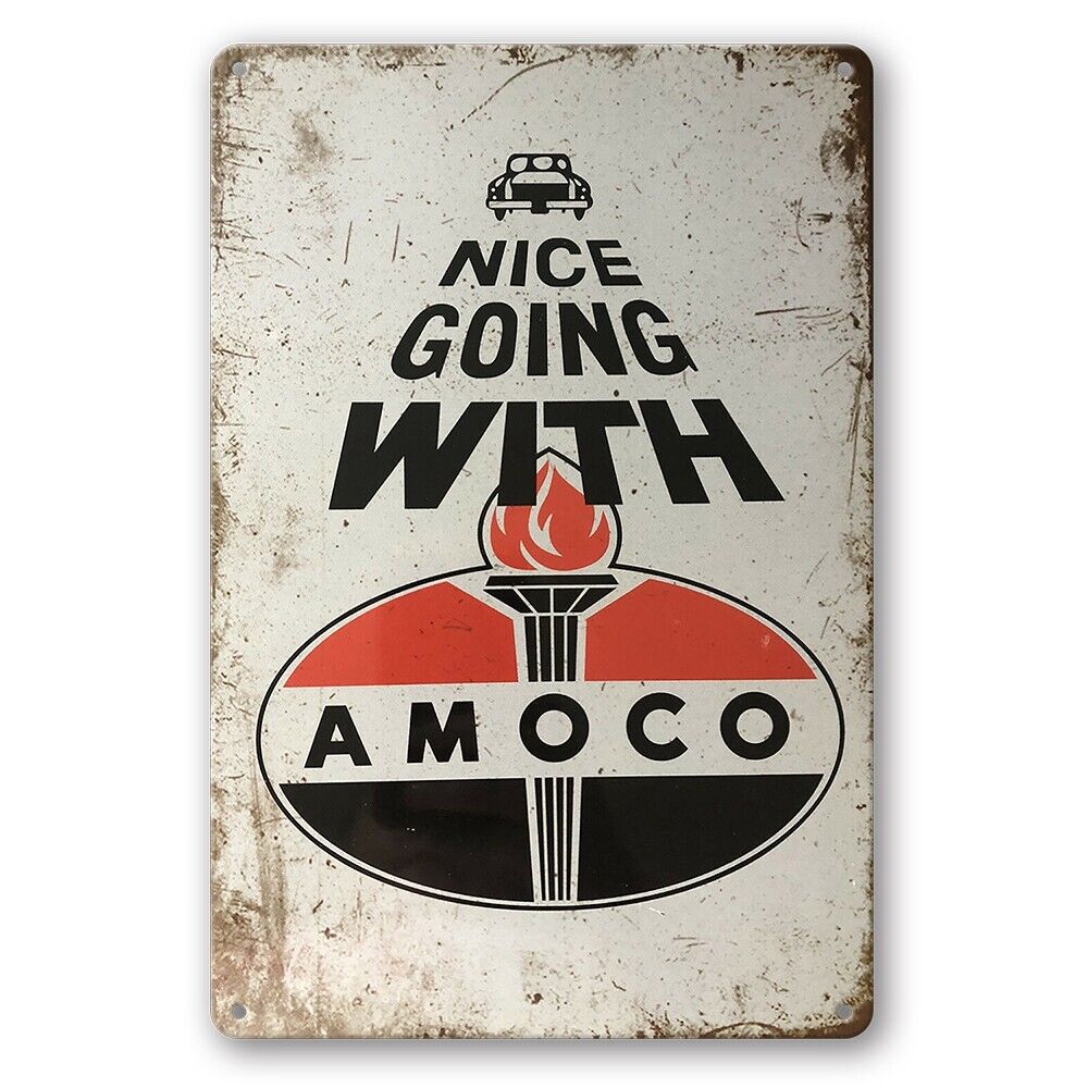 Tin Sign Amoco Nice Going With Car Workshop Rustic Look Decorative