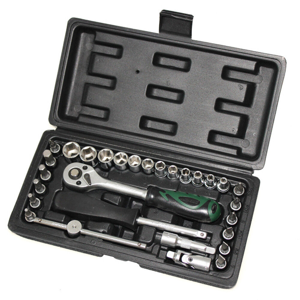 29pc 1/4″ Dr Socket Set 4-13mm Bit H3-pz2 Ratchet Spring Bar Spinner Garage Repair