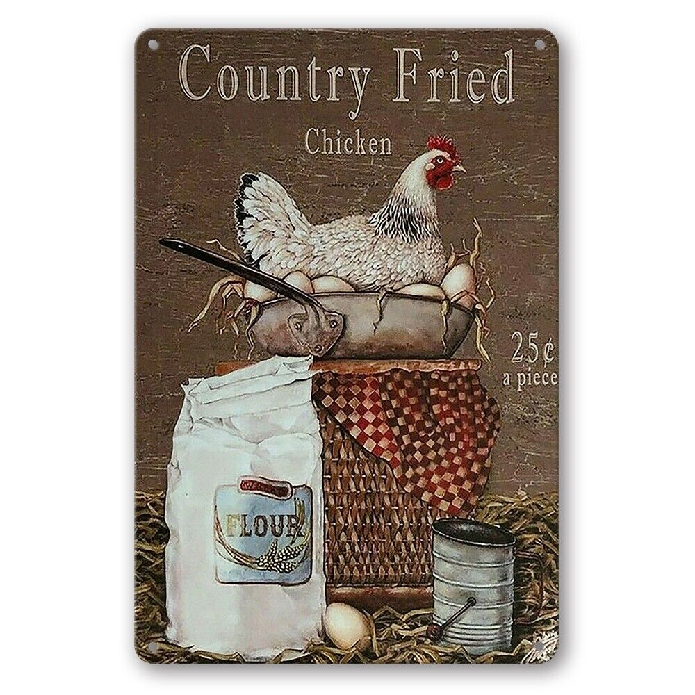 Tin Sign Country Fried Chicken Flour Farm Eggs Rustic Look Decorative Wall