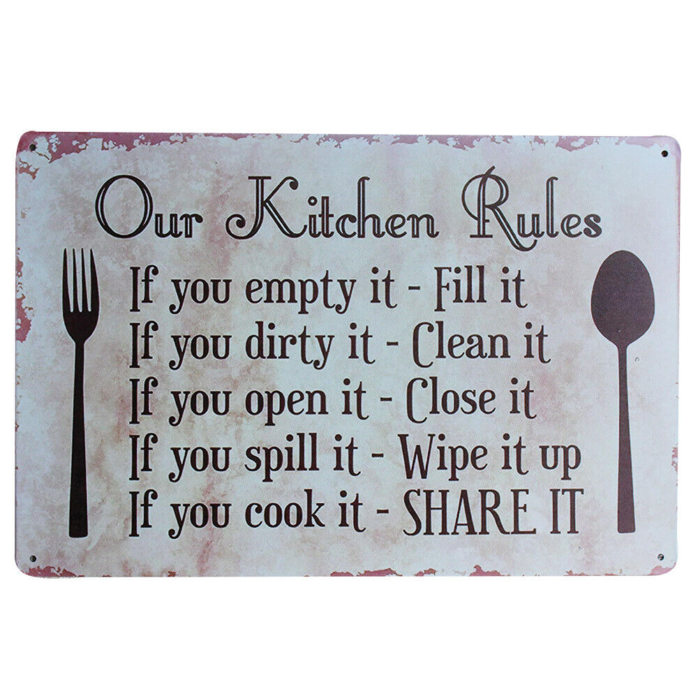 1x Metal Tin Sign Our Kitchen Family Rules 200x300mm Home Decor Restaurant