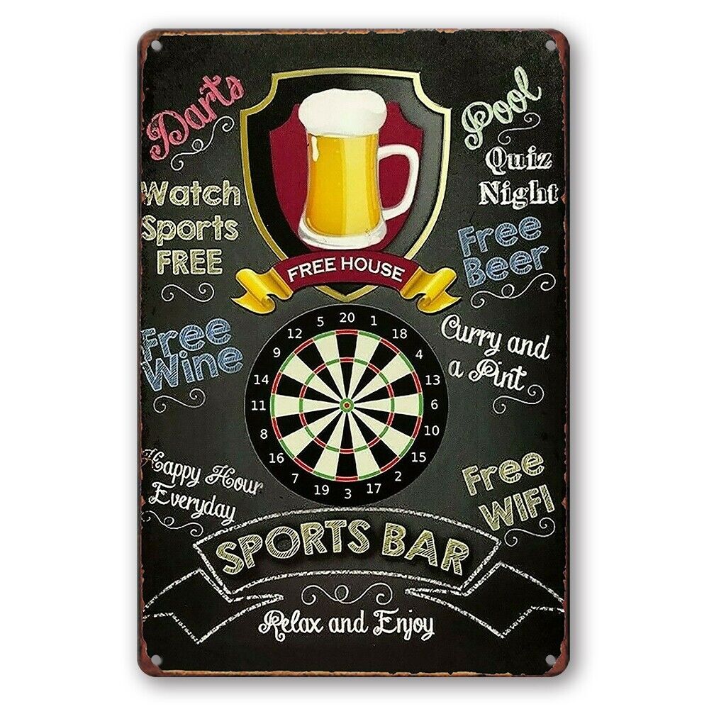 Tin Sign Free House Beer Wine Relax Enjoy Sports Bar Metal Plate Rustic Look