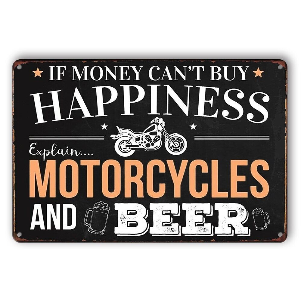 Tin Sign Motorcycles Beer Happiness Explain Rustic Look Decorative Wall Art